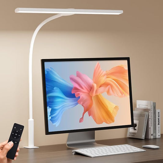 LED Desk Lamp with Clamp, Eye-Caring Adjustable Brightness, 3 Lighting Modes, Touch & Remote Control Clip Light for Home Office, Study, Computer Work, Reading, Puzzle, Task (White)