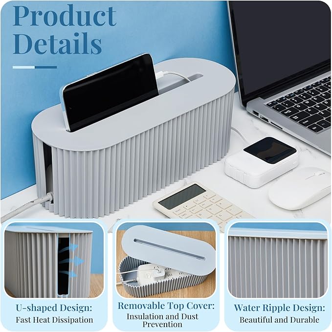 Marsui 2 Pcs Cable Management Box Cord Hider Organizer with 46 Pcs Cable Management Kit Wire Box for Power Strips Surge Protectors Desk TV Computer Wires Home Office(Gray)