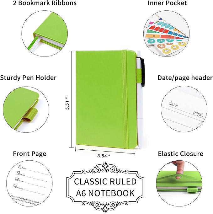 feela 3 Pack Pocket Small Notebook Journals, Mini Cute Memo Notepad Hardcover College Ruled Lined Journals with Pen Holder for Women Girls Office School, with 3 Black Pens, 3.5”x 5.5”, A6, Green