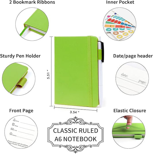 feela 3 Pack Pocket Small Notebook Journals, Mini Cute Memo Notepad Hardcover College Ruled Lined Journals with Pen Holder for Women Girls Office School, with 3 Black Pens, 3.5”x 5.5”, A6, Green