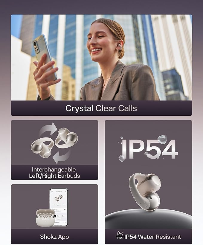 SHOKZ OpenDots ONE - Open-Ear Headphones - Wireless Bluetooth Earbuds with Microphone - Secure, Lightweight, Clip-On Fit - Premium Dolby Audio - Water Resistant - Fast Charging - Up to 40 hrs Playtime