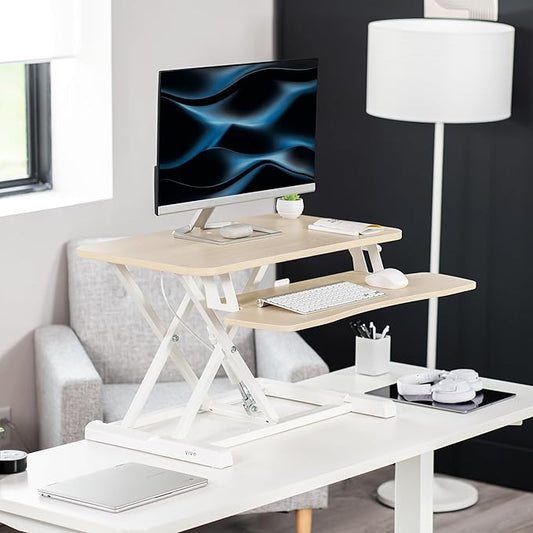 VIVO 28 inch Desk Converter, K Series, Height Adjustable Sit to Stand Riser, Dual Monitor and Laptop Workstation with Keyboard Tray, Light Wood Top, White Frame, DESK-V028KF