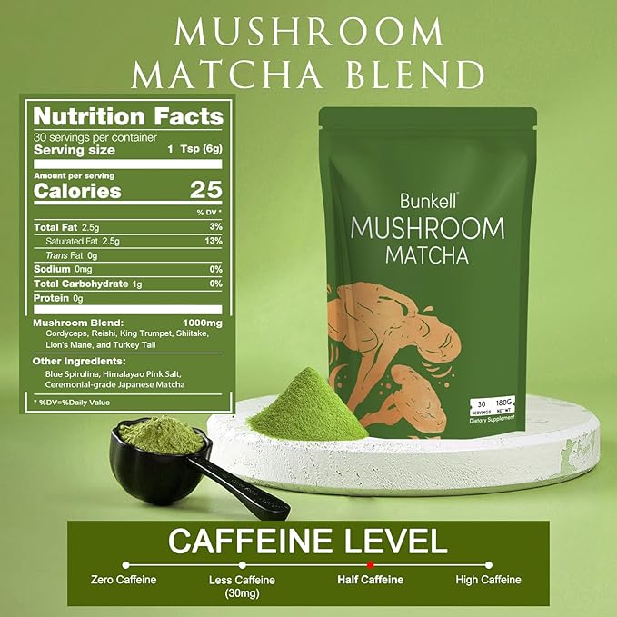 Bunkell Mushroom Matcha, Adaptogenic 6 Mushrooms Mix w/Japanese Matcha, Ceremonial Powder Blend with Lion's Mane, Reishi, Cordyceps & Shiitake for Energy, Focus & Immune Support, 30 Servings 1 Pack