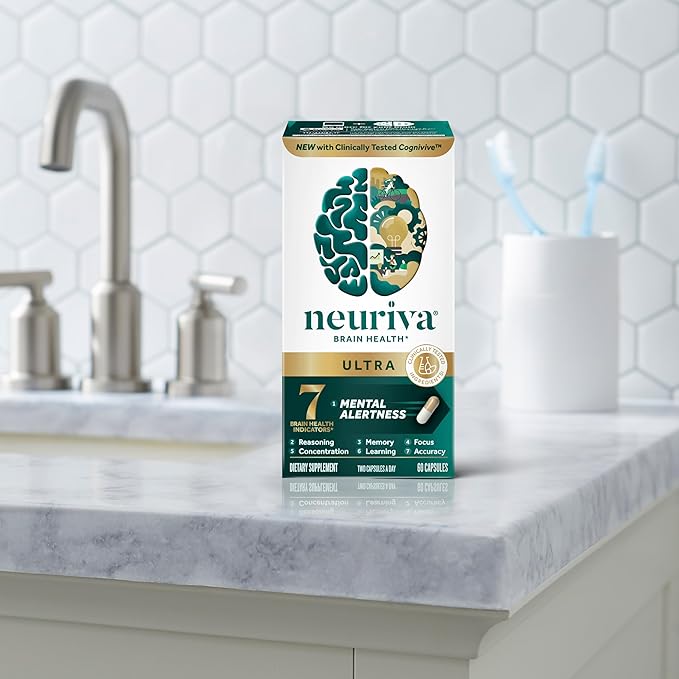 NEURIVA Ultra Decaffeinated Clinically Tested Nootropic Brain Supplement for Mental Alertness, Memory, Focus & Concentration, Cognivive, Neurofactor, Phosphatidylserine, Vitamins B6 B12, 60 Capsules