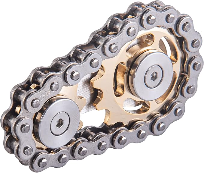 Bike Chain Gear Fidget Spinner, Metal Sprocket Chain Fidget Toy, Stress Anxiety Relief Fidget Toy Finger Spinning Toy for Kids Stainless Steel Sensory Bearings EDC Novelty Toy, Golden Plating Sprocket