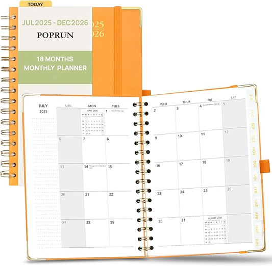 POPRUN Monthly Planner 2025-2026 Spiral Hardcover (6.25'' x 8.5''), 18 Months Calendar (Jul.2025 - Dec.2026)- 2 Pages per Month with Dotted Note Pages, Sunday Start, Laminated Tab - Orange