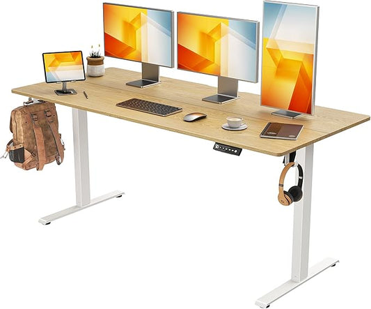 63 x 28 inch Electric Standing Desk Adjustable Height with 4 Wheels, 4 Memory Height Settings, 2 Headphone Hook, for Home Office, Splice Board Oak