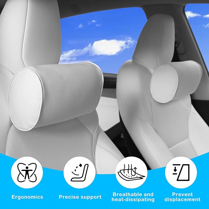 Car Headrest Pillow for Driving - Luxury Leather 100% Memory Foam, Ergonomic Neck Support - Universal Fit Head Rest Travel Pillow for Most Cars, Home & Office, White, 2 Pack
