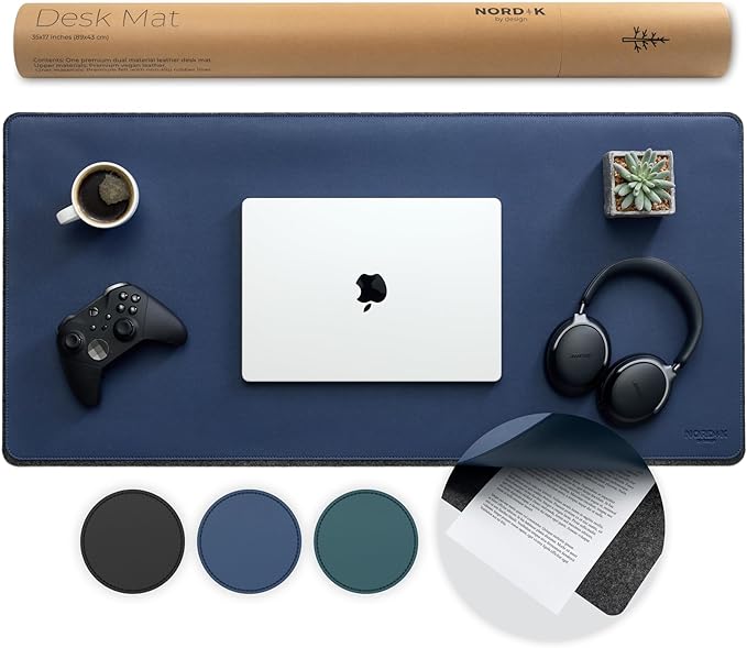 Nordik Felt and Leather Desk Mat Non-Slip - Blue - 35 X 17 Inch - Felt and Vegan Leather Desk Pad - Document Organizers - Desk Blotter and Desktop Mat - Desk Protector Laptop Desk Matt for Desktop