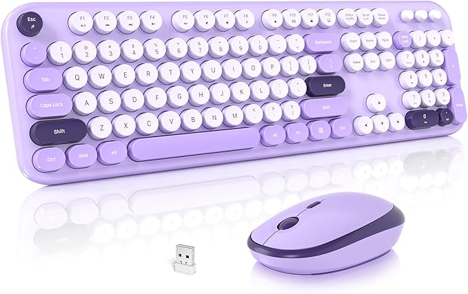 MOFII Wireless Keyboard and Mouse Combo, Cute Keyboard Full Size and Wireless Mouse, 2.4GHz Retro Typewriter Keyboard Wireless Mouse Set for PC/Desktop/Laptop/Windows (Violet)