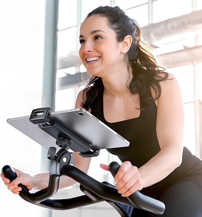 Tablet Holder Mount for Spin Bike, Tablet Clamp for Treadmill, Indoor Stationary Bike, Stroller, Peloton, Gym Trainer Handlebar Stand Fit for iPad Pro/Air/Mini, Galaxy Tabs, Phones, 4.7-13"