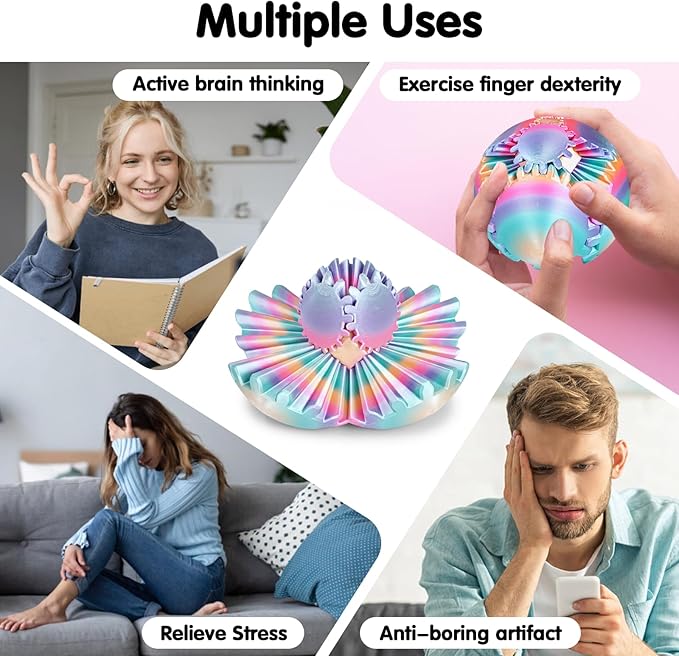 GearSphere 3D Printed Spin Ball or Cube Fidget Toy, Fidget Ball Gear Toy for Stress and Anxiety Relief, Desk Toy for Adults & Kids (Rainbow, 3.1 Inch)