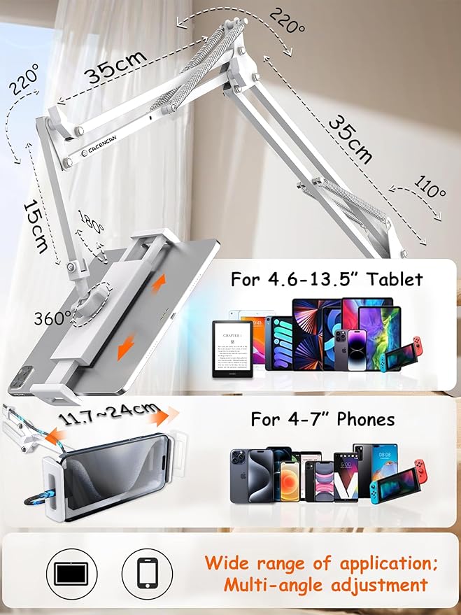 Foldable Tablet Stand, Tablet Mount Adjustable for Bed,Universal Flexible Tablet Holder with 360 Degree Rotation for iPad/iPhoneX/iPad Pro/N-Switch,or Other 4.5~13.5 Inches Devices (White)