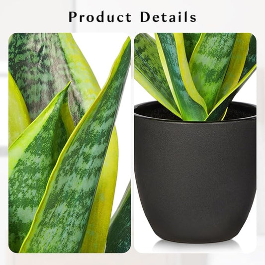 Fake Plant 11.22 Inch Fake Snake Plant Artificial Plants Indoor Sansevieria Faux Plants with Black Pot Artificial Snake Plant for Living Room Bathroom Office Table Centerpieces Shelf Home Decor