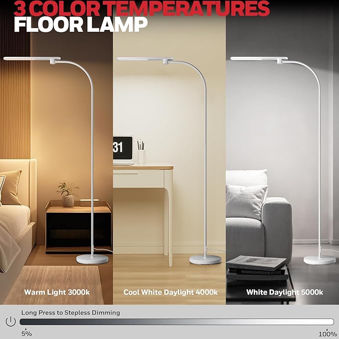 Honeywell LED Floor Lamp, F4 Sunturalux™ Gooseneck Floor Lamps for Living Room, Super Bright Stepless Dimmable Tall Standing Lamp, Modern Eye-Caring Reading Floor Lamp for Bedroom Office Study