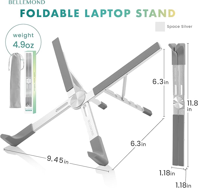 BELLEMOND | Adjustable Laptop Stand – Lightweight Aluminum Riser with 5 Height Levels | Foldable, Ventilated X-Frame Design | Designed in Japan | Fits Laptops & Tablets up to 17.3” | Space Silver