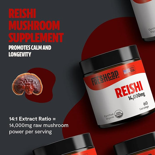 FreshCap Mushrooms Reishi Mushroom Powder 14,000mg - Organic Mushroom Extract Supplement Powder, Ayurveda Nootropic Red Reishi Supplement Blend (60 Servings)