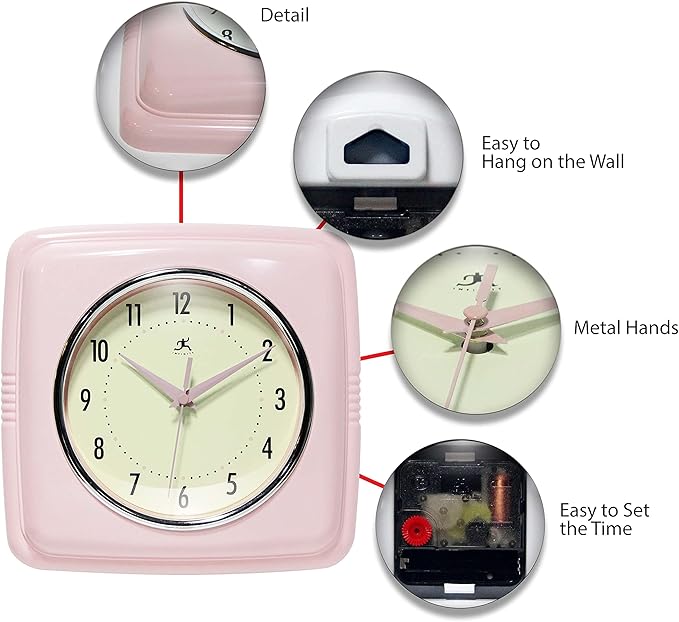 Infinity Instruments Square Silent Retro 9 inch Mid Century Modern Kitchen Diner Retro Wall Clock Quartz Sweep Movement (Pink)