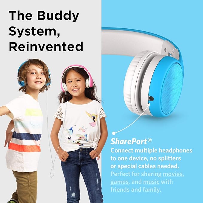 LilGadgets Connect+ Style On-Ear Kids Headphones with Microphone - SharePort Technology, SoftTouch Padding, Detachable Cable, Noise Reduction, Durable & Adjustable - Blue Headphones for Kids