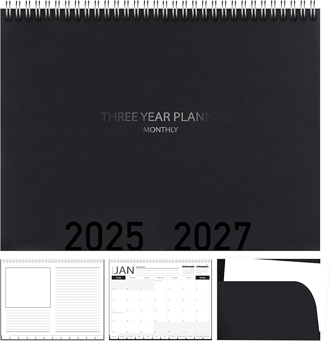 3-Year Calendar Planner, 2025-2027 Monthly Schedule Organizer Flip Calendar Diary with Tabs, Spiral Bound Top, Black, 8.5 x 11 Inches