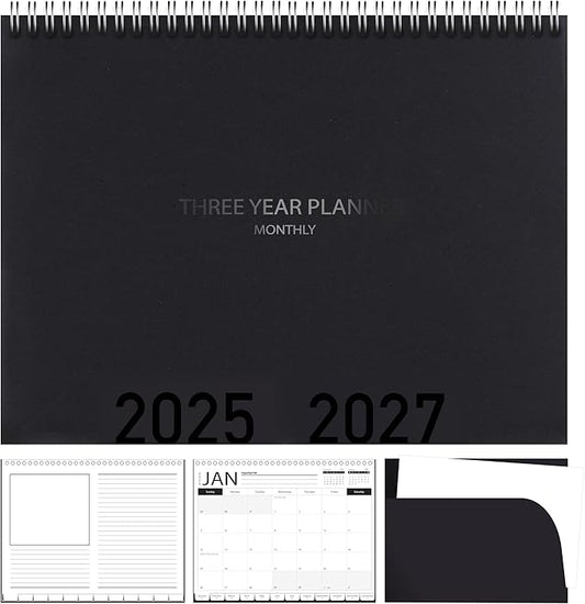 3-Year Calendar Planner, 2025-2027 Monthly Schedule Organizer Flip Calendar Diary with Tabs, Spiral Bound Top, Black, 8.5 x 11 Inches