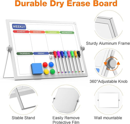 Weekly Dry Erase White Board, 16X12IN Magnetic Desktop Whiteboard Calendar with Stand, 8 Markers, 4 Magnets, 1 Eraser, Portable Double-Sided White Board Easel for Kids Memo to Do List Desk