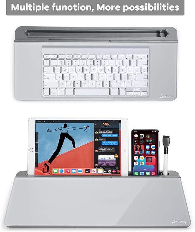 Varhomax Glass Desk Whiteboard with Storage, Desktop Organizer to-do List Memo Notepad Dry Erase White Board for Home Office and School Supplies (GrayBoard)