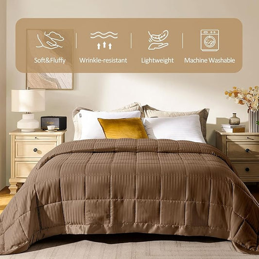 downluxe Queen Size Blanket with Satin Trim, Lightweight Down Alternative Blankets Queen Size for All Season, Machine Washable (Brown, 90x90 Inch)