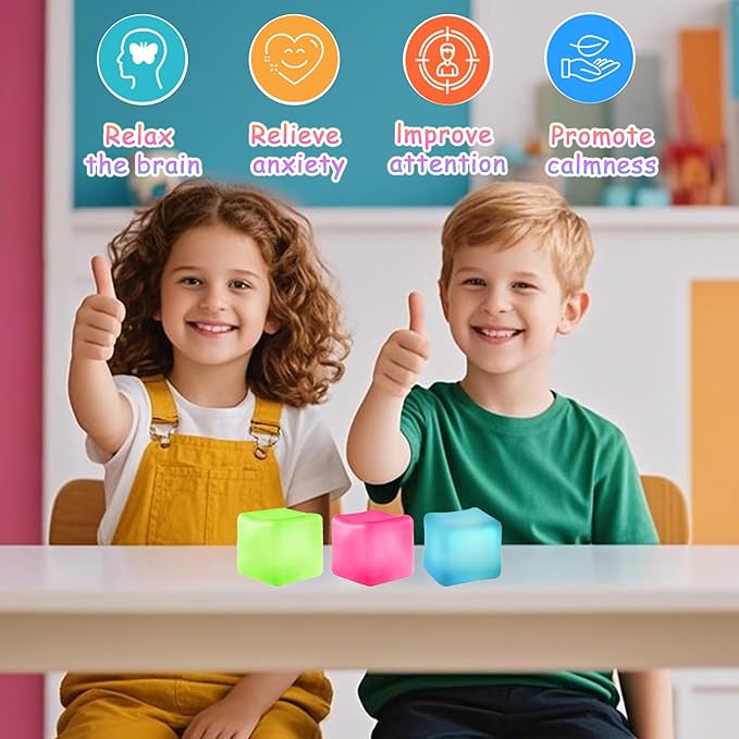 3Pcs Stress Cube Squishy Toys, Slow Rising Ice Cube Stress Balls, Sensory Fidget Toys for Anxiety Relief, Sensory Ice Nee Cube Gel Filled Squishy Ball Toys for ADD/ADHD Kids Adults(Blue, Green, Pink)