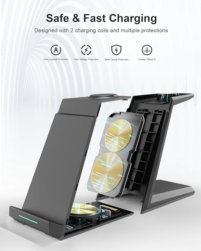 Wireless Charging Station for iPhone - ADADPU 3 in 1 Charger Stand for iPhone 16 Pro Max 15 14 13 12 11 Pro Max XR 8 Plus, for Apple Watch 8/7/SE/6/5/4/3/2,AirPods Pro/3/2(with 5ft Cable and Adapter)