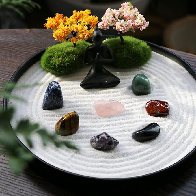 Zen Garden for Desk Tabletop Chakra Zen Healing Gifts Sand Tray Therapy Kit Set Japanese Decoration Crystal Quartz Rock Mini Garden Home Office Stress Relief Spiritual Decor Healing Gifts for Yoga