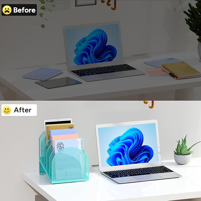 5-Section Desk File Organizer, Metal Mesh Folder Organizer for Documents, Mail & Office Papers (Blue)