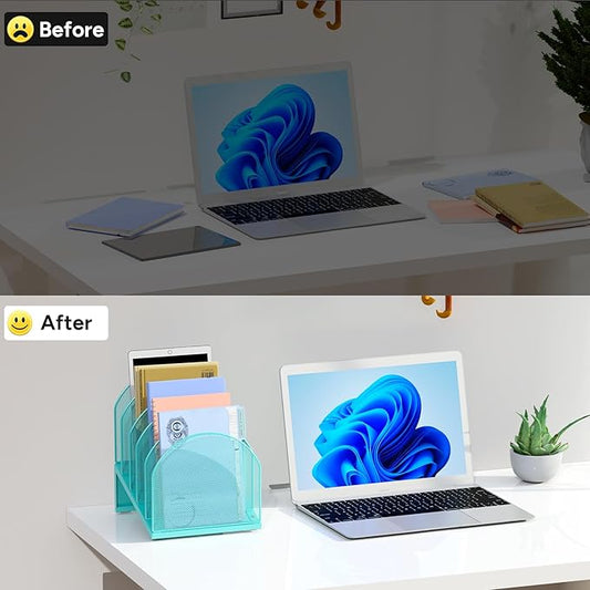 5-Section Desk File Organizer, Metal Mesh Folder Organizer for Documents, Mail & Office Papers (Blue)