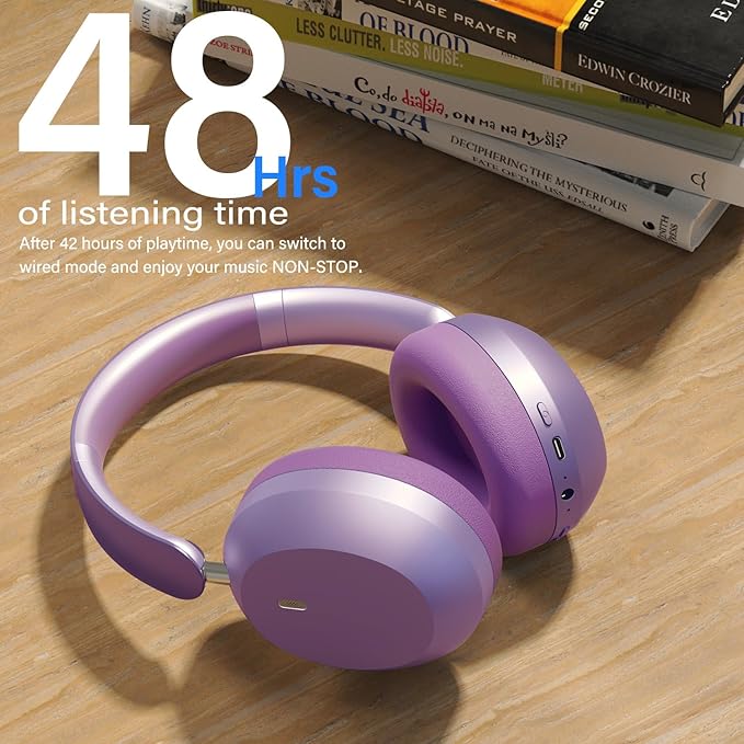 Y05 Bluetooth Headphones Wireless Over Ear with Microphone 48 Hours Playtime, High Sound Quality Foldable Soft Earpads Earphones for Travel - Purple