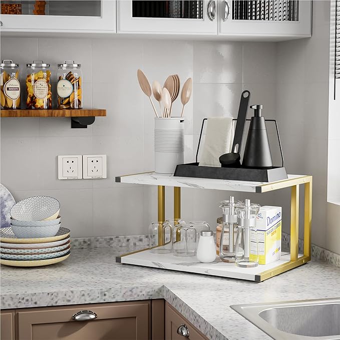 2 Tier Printer Stand, Desktop Printer Stand with Reinforced Metal Frame, Marble White Design Printer Shelf for Home Office, Compact Printer Stand for Desk or Under Desk, Holds Up to 20lbs