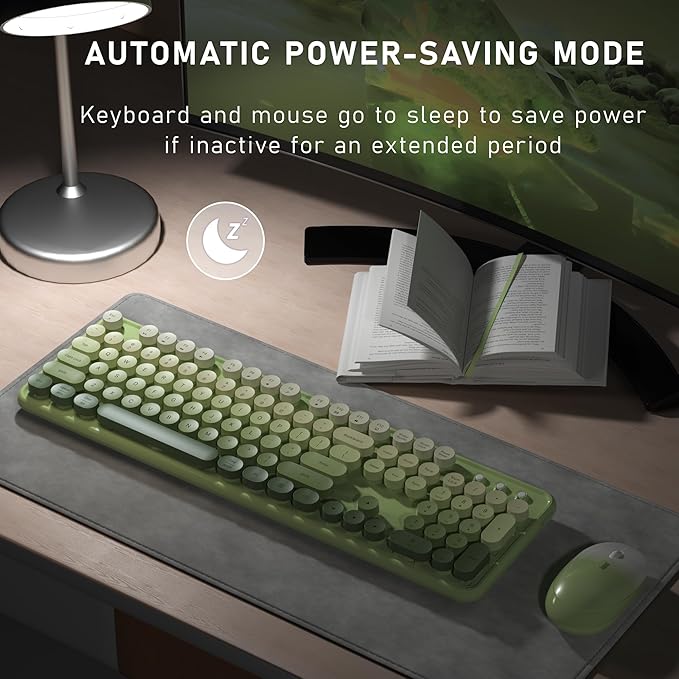 Wireless Keyboard and Mouse, Full-Size Retro Typewriter Keyboard with Round Keycaps, 2.4GHz for Windows, Mac, Laptop, PC, Desktop (Green Gradient)