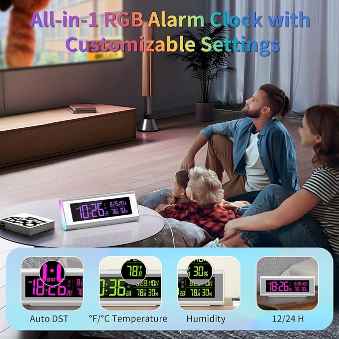 Digital Alarm Clocks for Bedrooms, LED Desk Clock with RGB Night Light, Brightness Dimmer, Date, Week, Temperature Large Display, Modern Decor for Desk, Office, Gift for Kids, Teen, Adults (Silver)