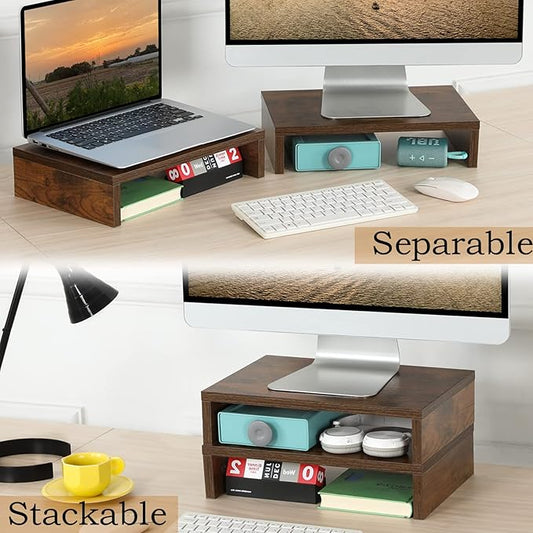 TEAMIX Monitor Riser - 2 Pack, Rustic Brown Wood Adjustable Stand for 2 Monitors/Laptop/PC