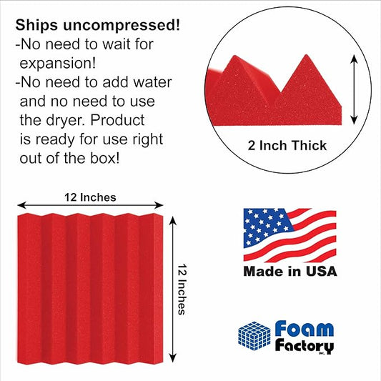 Foam Factory Inc 24 Pack Color Acoustic Foam Panel Studio Soundproofing Wedge Wall Tiles 12” X 12” X 2” (Red)