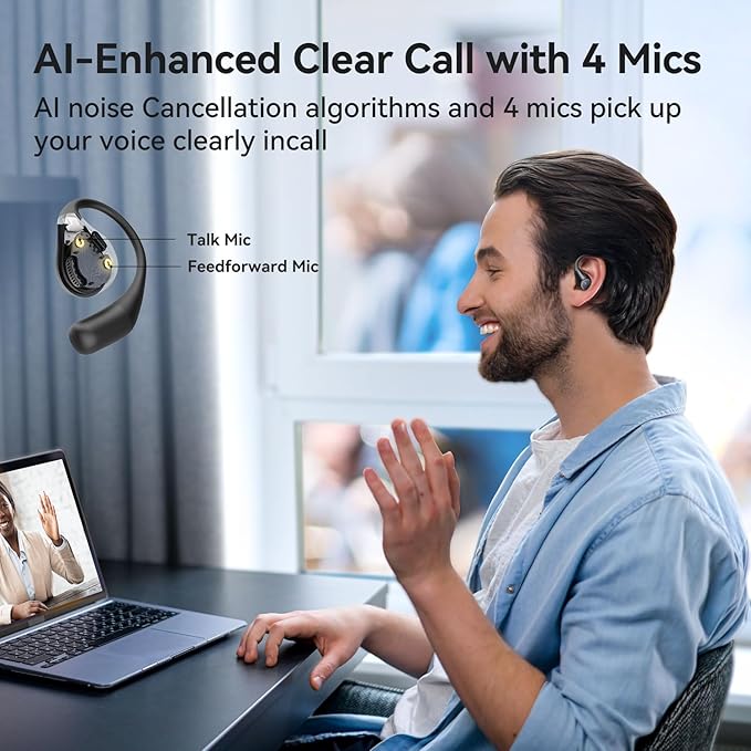 EarFun OpenJump Open Ear Headphones, Wireless Earbuds with Ergonomic Earhook, Hi-Res Sound, LDAC, 4 Mics ENC Call, 42H Playtime, Multipoint Connection, IPX7 Waterproof, Snug Fit for Workout, Running