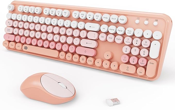 Keyboard and Mouse Wireless,2.4Ghz Retro Typewriter Style Round Keycap,Full Size Wireless Keyboard Mouse Combo,Cute Cordless Keyboard Mouse Set for PC Laptop Desktop Computer-Pink Orange Colorful