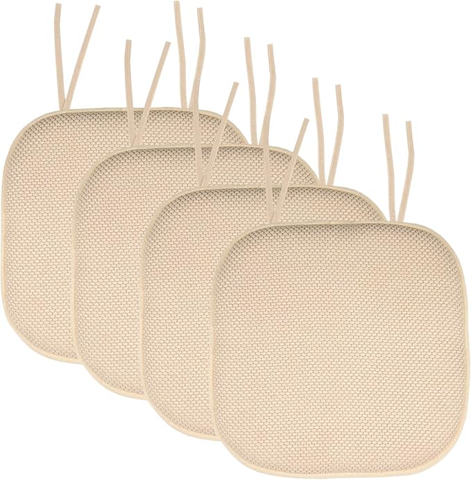 Sweet Home Collection Chair Cushion Memory Foam Pads with Ties Honeycomb Pattern Slip Non Skid Rubber Back Rounded Square 16" x 16" Seat Cover, 4 Pack, Linen 4 Pack