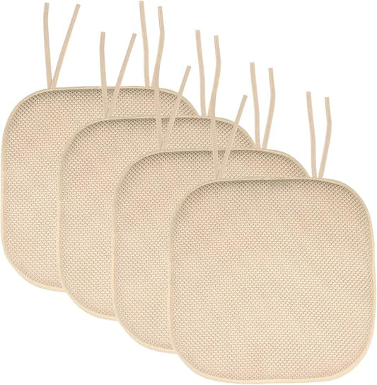 Sweet Home Collection Chair Cushion Memory Foam Pads with Ties Honeycomb Pattern Slip Non Skid Rubber Back Rounded Square 16" x 16" Seat Cover, 4 Pack, Linen 4 Pack