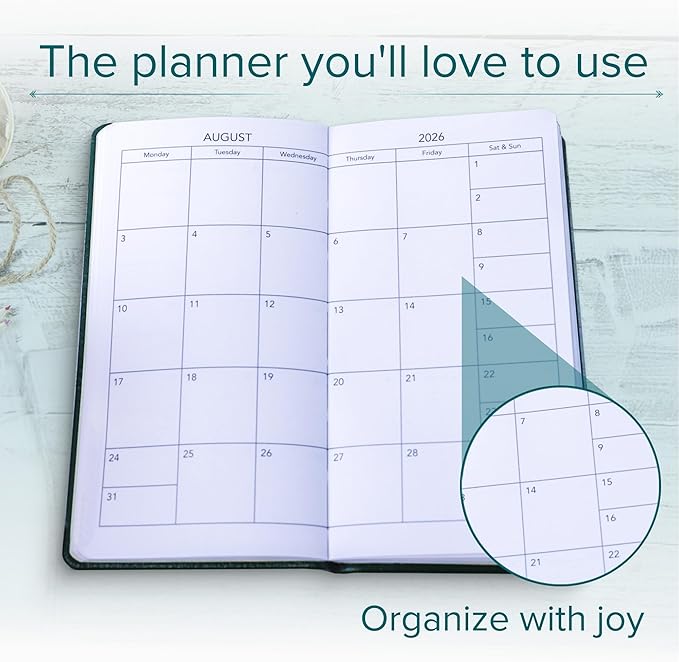 Harbor Pocket Weekly Monthly Planner 2025-2026 - Calendar Planner and Notebook, Durable Faux Leather, 192 Pages, Softcover & Book Bound - Cambridge Reef Blue - 6 x 3.25 "