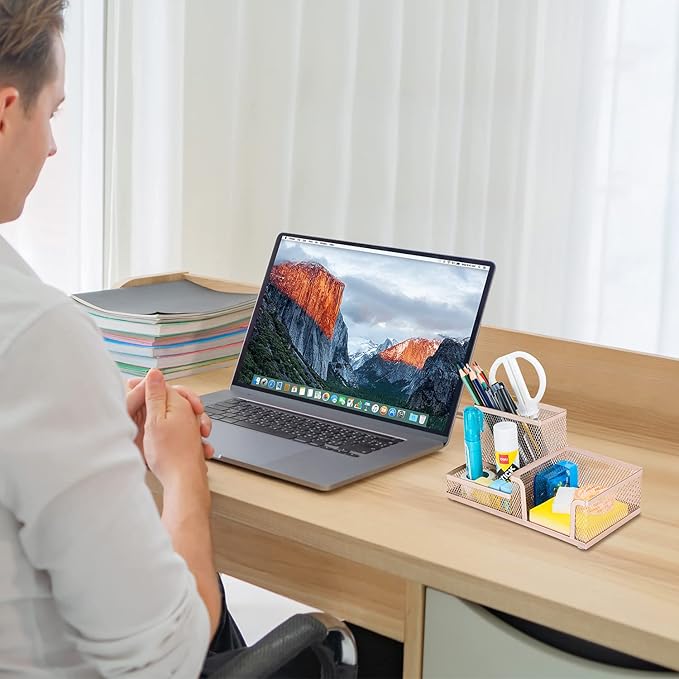 deli Mesh Desk Organizer Office Supplies Caddy with Pencil Holder and Storage Baskets for Desktop Accessories, 3 Compartments, Gold