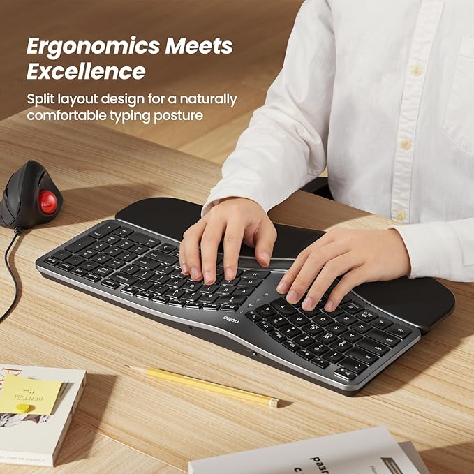 Nulea RT05 Wireless Ergonomic Keyboard, Split Keyboard with Wrist Rest, USB-C Charging, 7-Color Backlight, Natural Typing, Bluetooth and USB Connectivity, Compatible with Windows,Mac