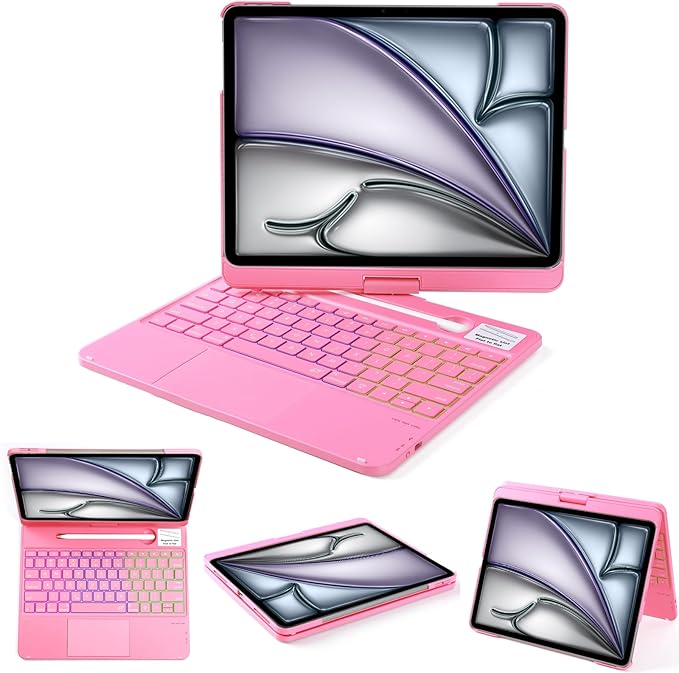 Keyboard Case for iPad Air 13 inch M3 2025&M2 2024, 360 Rotatable Wireless Folio 180 Swivel Stand Hard Cover Auto Sleep/Wake up Pink