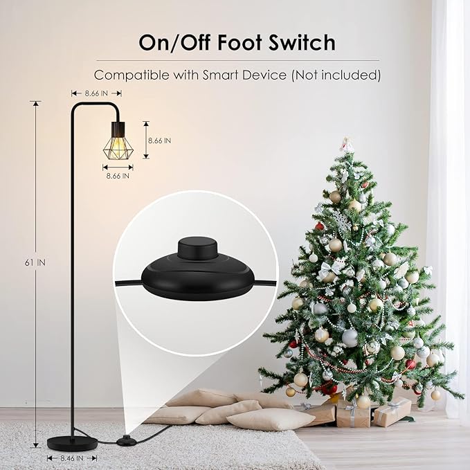 BoostArea Floor Lamp, Industrial Floor Lamp, 6W Diamond Standing Lamp, E26 Socket, On/Off Footswitch, Whole Metal, Modern Small Simple Stand Up Lamp for Bedroom Living Room, Vintage, Mid Century