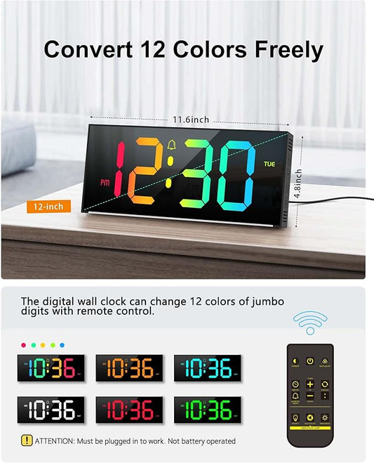Large Digital Wall Clock 12", Digital Clock with Full Screen Display, 12 RGB Colors Changing Remote Control, DST, Wall Clock with Night Lights for Elderly Living Room Bedroom Office Gaming Room Decor