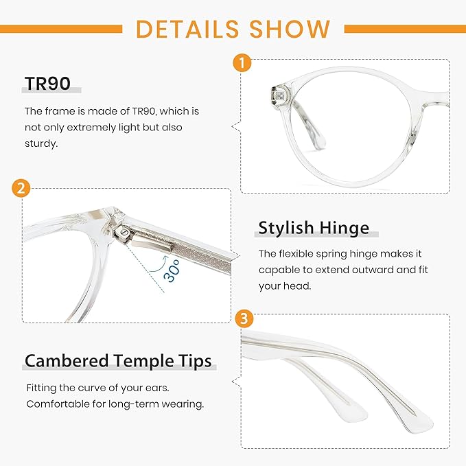 Cyxus TR90 Oversized Blue Light Blocking Glasses Women - Spring Hinge Round Frame Computer Use Anti Eye Strain 8018